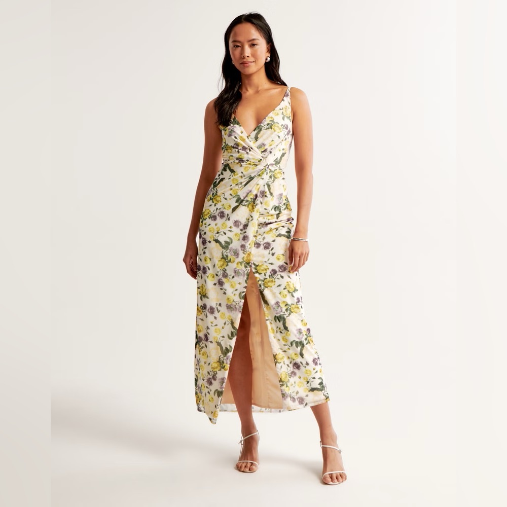 Abercrombie & Fitch Yellow Floral Wrap Maxi Dress with Green and Purple Bloom
